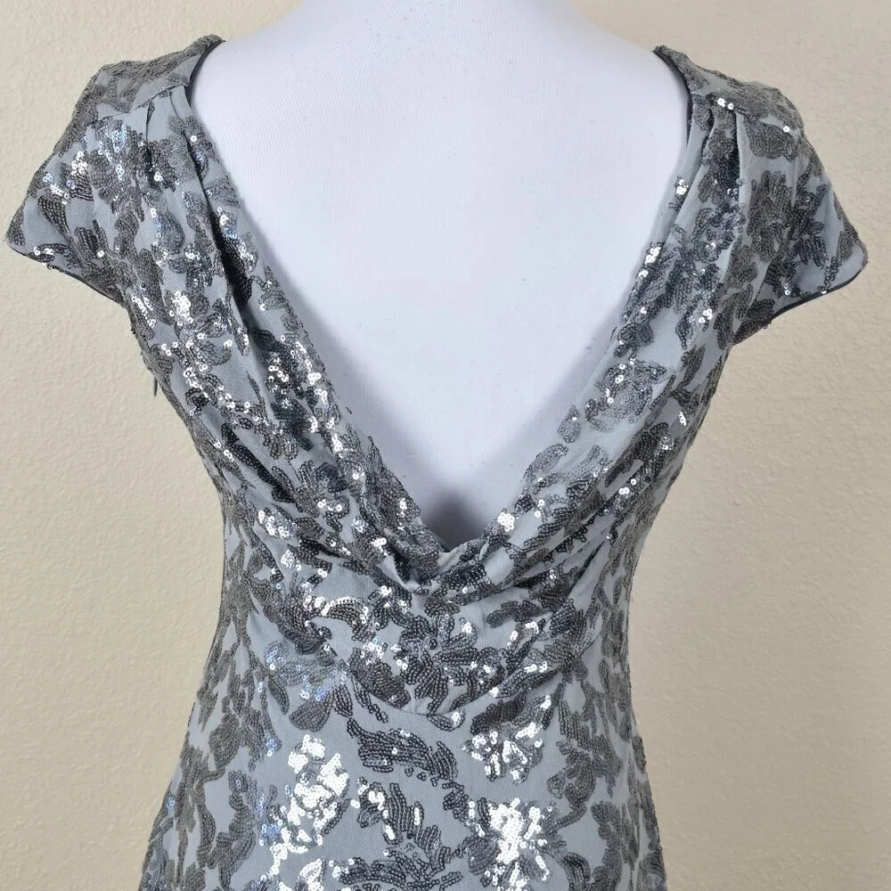 Calvin Klein Silver Sequin Cap Sleeve Backless Long Formal Dress 6 - Picture 6 of 10